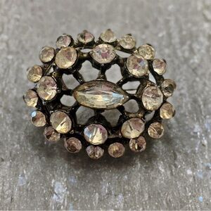 Vintage 1930s Rhinestone Halo Brooch Pot Metal Navette Center Art Deco Style